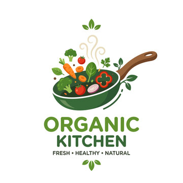Organic kitchen logo frying pan and food ingredients