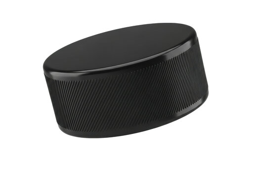 pristine jet-black vulcanized rubber ice hockey puck with glossy surfaces and diagonal side grooves, floating on a transparent background under high-contrast hard lighting. concept for commercial