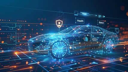 Obraz premium Intelligent car diagnostic interface showing health and status data with digital security shield