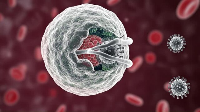 Microscopic view of a white blood cell engulfing virus particles in the bloodstream showcasing the immune system's defense mechanism against infection and disease scientific