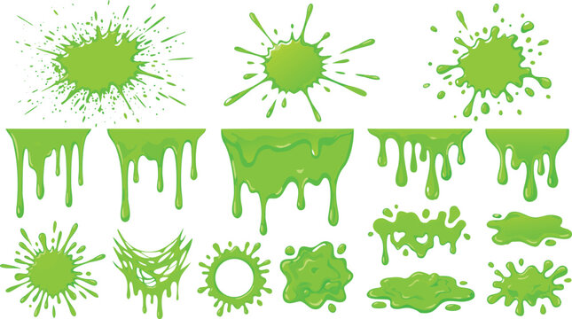 Green Slime Drips and Toxic Splatter Collection for Creative Cartoon Halloween and Game Asset Designs