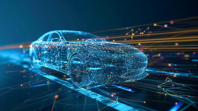 Modern sedan with technical polygon mesh and glowing data trails on dark road
