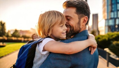 Fototapeta premium Heartwarming moment - Father embracing his son after school.