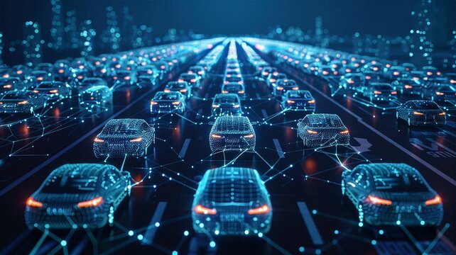 Connected autonomous car swarm with digital node network mesh on dark futuristic highway