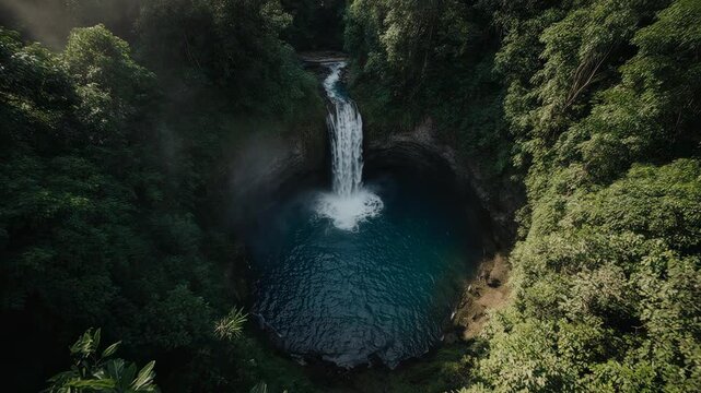 Jungle sinkhole with hidden waterfall lake, static discovery shot