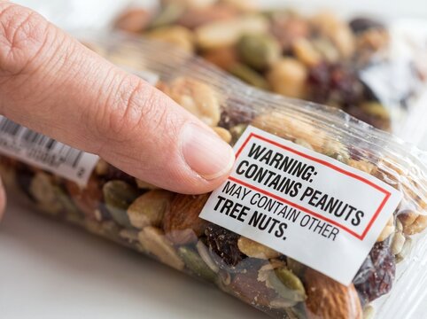 Close-up shot of a hand pointing at a warning label on a package of mixed nuts, with warning about containing peanuts and tree nuts