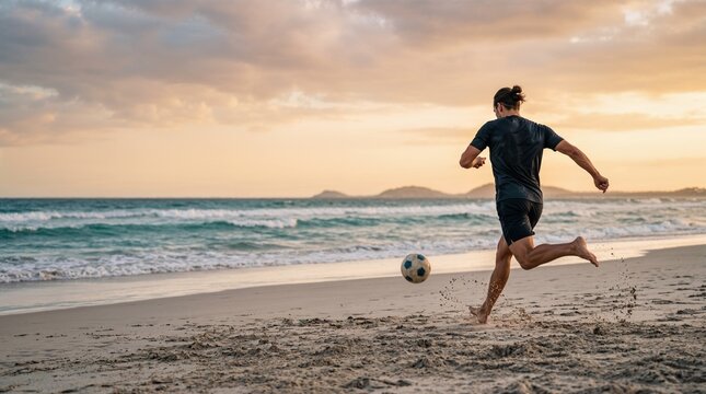 Man playing soccer on a beach.