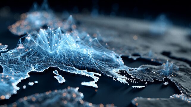 Abstract 3D relief map of Europe with complex glowing digital fiber network nodes