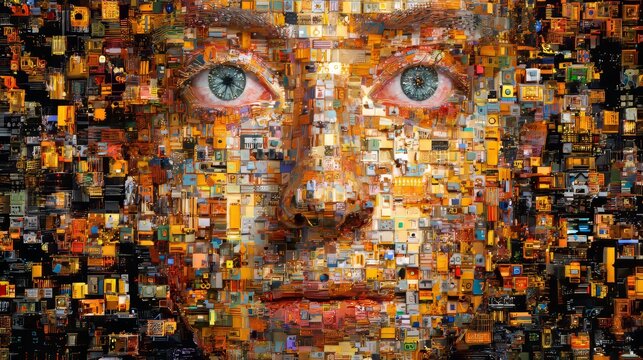 Fragmented 3D portrait with cubes wires data structures representing artificial intelligence and digital transformation, abstract human face in mysterious dark futuristic technology environment