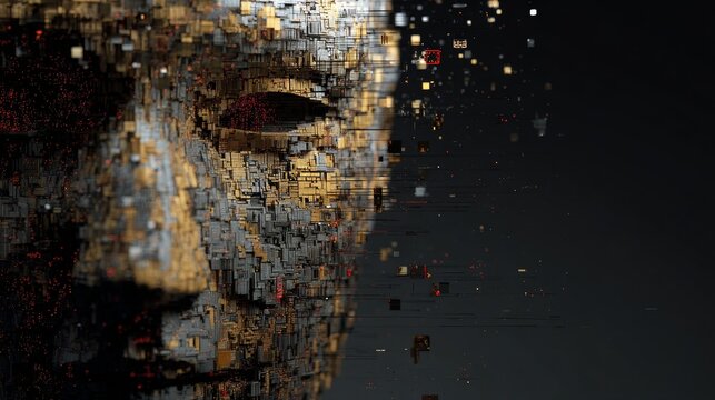Fragmented 3D portrait with cubes wires data structures representing artificial intelligence and digital transformation, abstract human face in mysterious dark futuristic technology environment