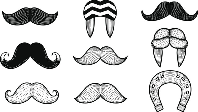 Variety of hand drawn mustache and beard styles in black and white