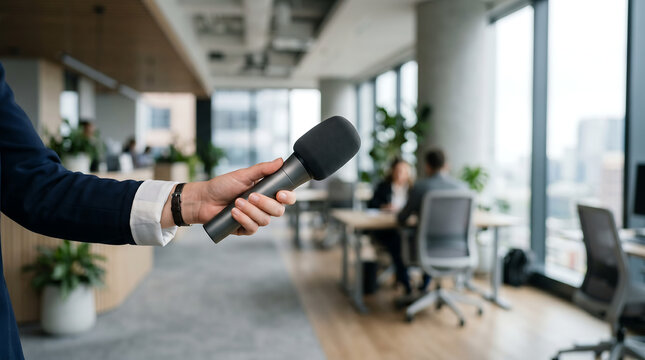 Hand holding microphone for interview in office mockup with copyspace. Corporate communication marketing template for HR branding, and public relations advertising design.