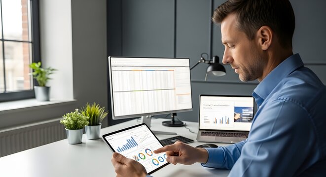 Business professional analyzes data on tablet computer at office