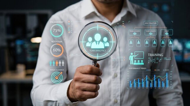 Magnifying glass focusing on people icons concept of human resources and recruitment human capital recruitment employment staffing candidate applicant employee analysis information business