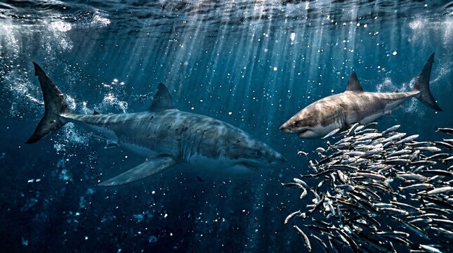 Two sharks swimming underwater with school of fish.
