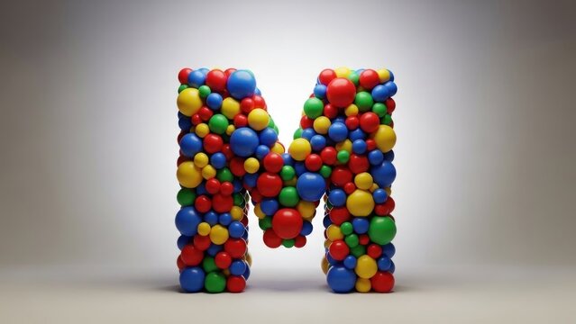A colorful, three-dimensional letter M made of numerous small spheres