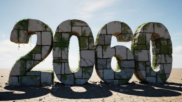 A large, weathered stone structure displays the year 2060 in a desolate landscape