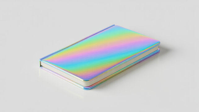 A closed holographic journal notebook with a rainbow effect cover reflecting light and color on white background