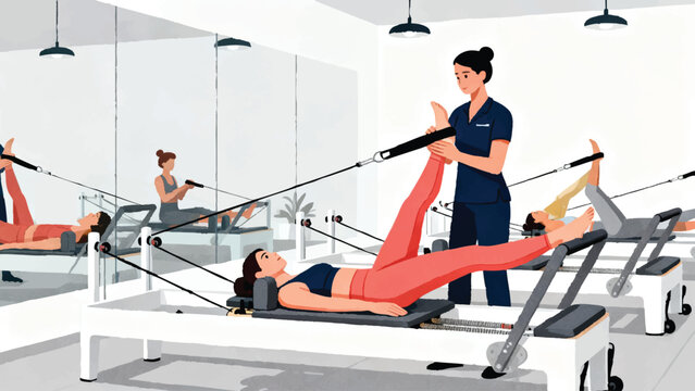 A professional Pilates reformer studio session, female client on reformer machine performing footwork series