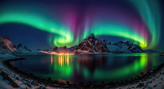 Aurora borealis illuminates snowy mountains and calm lake at night