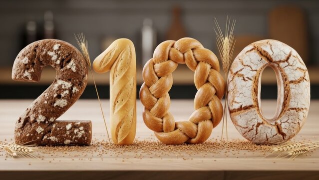 A creative arrangement of bread shaped like the numbers 2, 0, 1, 0 on a wooden surface