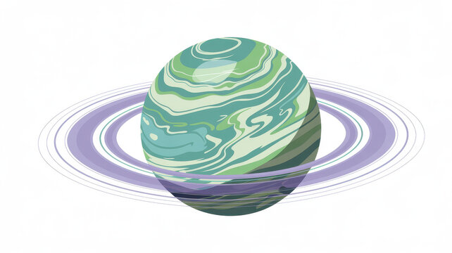 Stylized planet with rings and green marble texture isolated on a plain white background