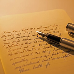 Fototapeta premium Closeup of a fountain pen writing on a yellow piece of paper with handwritten text