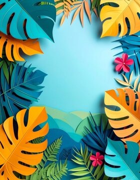 Vibrant Paper Cut Tropical Leaves Background with Yellow and Teal