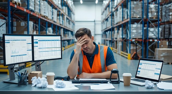 Businessman struggling with data analysis in large warehouse