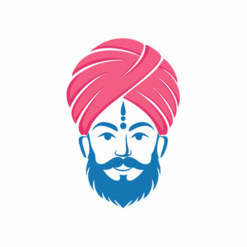 Illustration of a man with a pink turban and blue beard