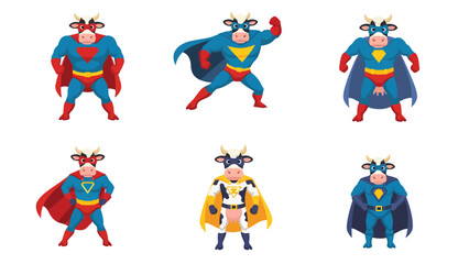 Fototapeta premium Funny Superhero Cows Vector Set: Cartoon Bovine Characters in Dynamic Heroic Poses with Capes and Masks