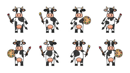 Naklejka premium Cute Cartoon Cows Holding Art Supplies: Paint Brushes, Tubes & Palettes. Creative Farm Animal Artist Vector Set.