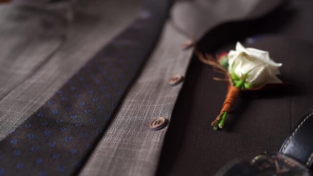 Refined groom accessory showcasing floral boutonniere against textured fabric