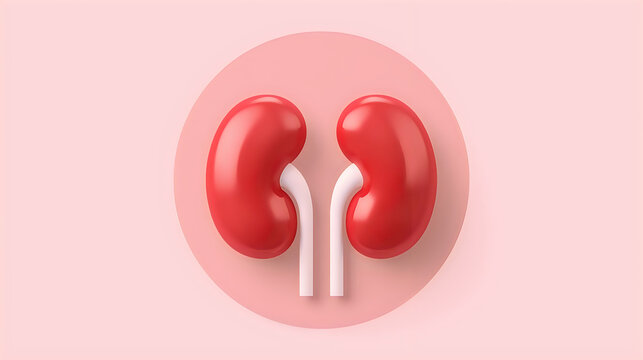 3D red glossy kidney illustration with white connecting ureters on pastel pink background in neumorphism style