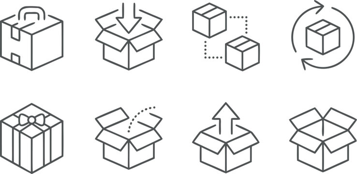 Set of Logistics and Shipping Linear Icons Featuring Delivery Boxes Gifts Returns and Distribution Symbols