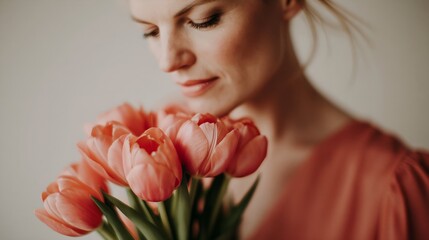 Fototapeta premium Close-up of a woman holding pink tulips, softly lit, serene moment
