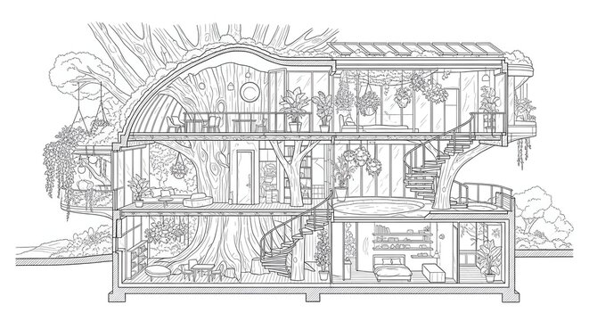 Detailed architectural drawing of a modern treehouse with interior and exterior features