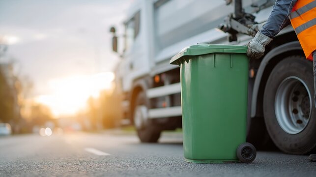 Garbage collection worker with green bin and truck during golden hour