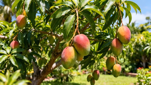 Photorealistic mango tree full of ripe mangoes, lush green leaves, natural sunlight, outdoor garden setting