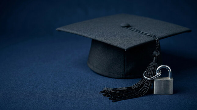 Graduation cap with steel padlock on tassel on deep navy, education access inequality digital divide academic barrier equity concept, copy space.