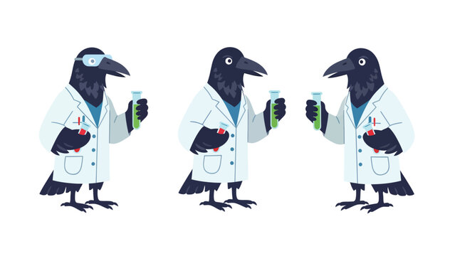 Cartoon Crows Scientists: Three clever birds in lab coats holding test tubes, symbolizing research, chemistry, and discovery.
