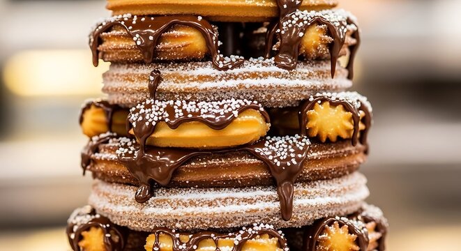 Gourmet churros tower with chocolate sauce, decadent Spanish fried dough dessert with powdered sugar, sweet pastry stack for bakery menu