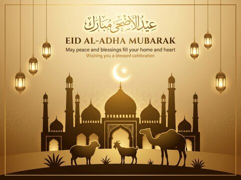 Eid al-Adha Mubarak greeting design, luxurious gradient gold background with smooth transition from deep gold to soft light gold, elegant and warm tones, silhouette of a grand mosque with domes and ta