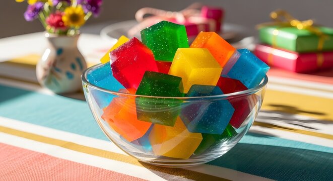 Colorful translucent jelly cubes in a glass bowl on a bright table with gifts and flowers. Perfect for dessert, party, and sweet food concepts.