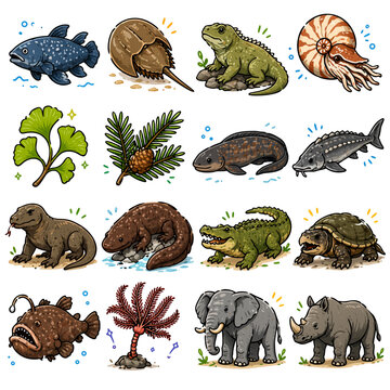 Living Fossil Animals Doodle Icon Set &ndash; Ancient Species Still Alive Cartoon Vector Illustration