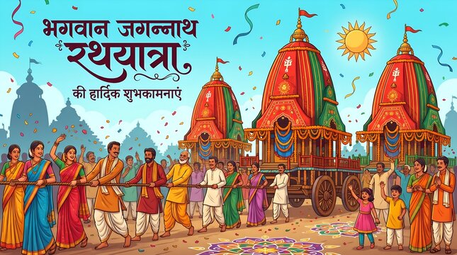 Greetings for India Odisha Happy Rath Yatra Festival hindi text. Lord Jagannath Rath Yatra celebration background
By Suresh Patel