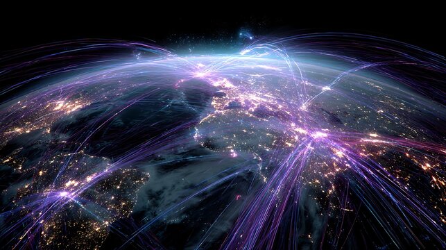 cyberpunk global finance network, neon lines wrapping around earth, digital transactions moving as light streams,