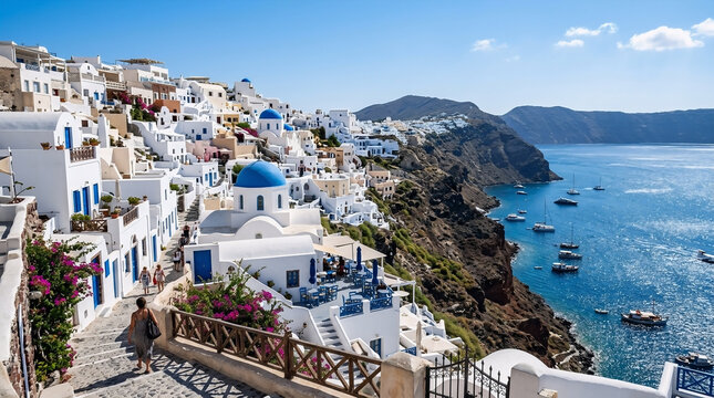 A beautiful coastal village with white buildings and blue domes overlooking the sea, inspired by Mediterranean architecture.