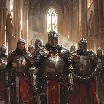 Armored knights standing in a grand cathedral interior