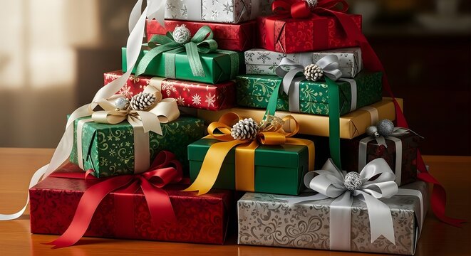 Festive stack of christmas gifts with ribbons and bows